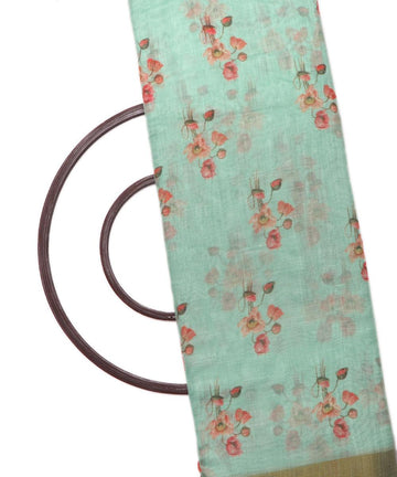 light green digital floral printed zari border doria linen fabric